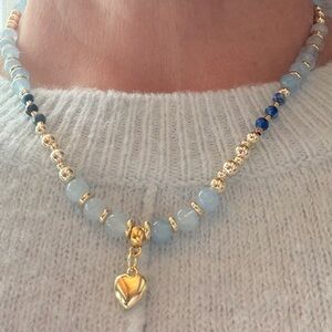 GIFT.Natural Aquamarine,Lapis Lazuli,necklace,gold plated beads,heart pendant18”
